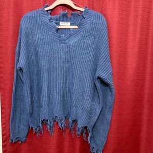 Full Circle Trends Distressed Knit V-Neck Sweater in Blue